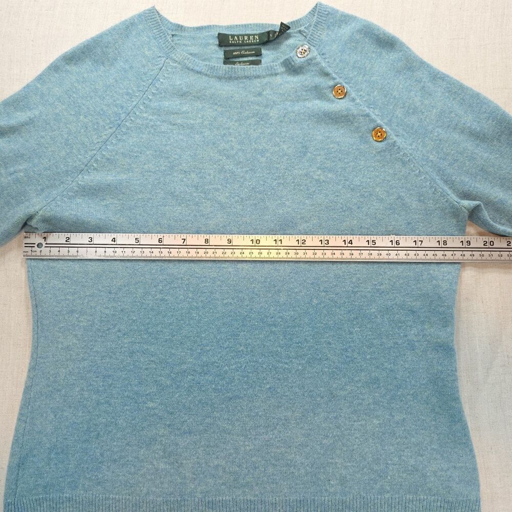 Lauren Ralph Lauren 100% Cashmere Sweater Blue Button Shoulder Women's Large - Picture 6 of 9